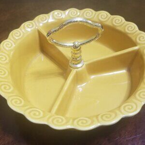 Vintage California Pottery USA #267 Gold divided dish 7.50" diameter w gold hadl